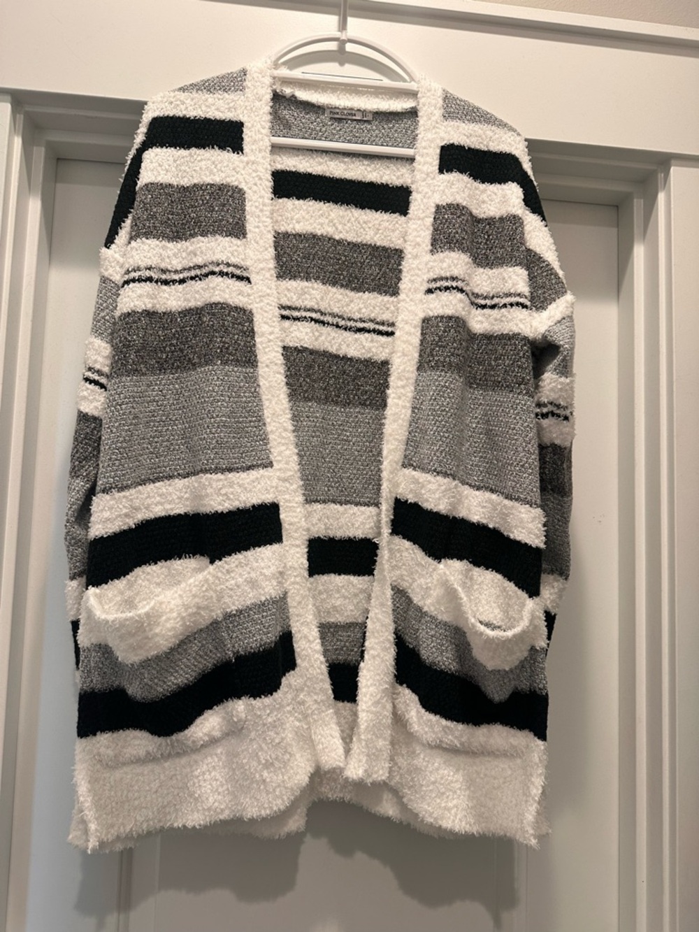 Cozy Open-Front Black & Gray Striped Cardigan Sweater - Unbranded